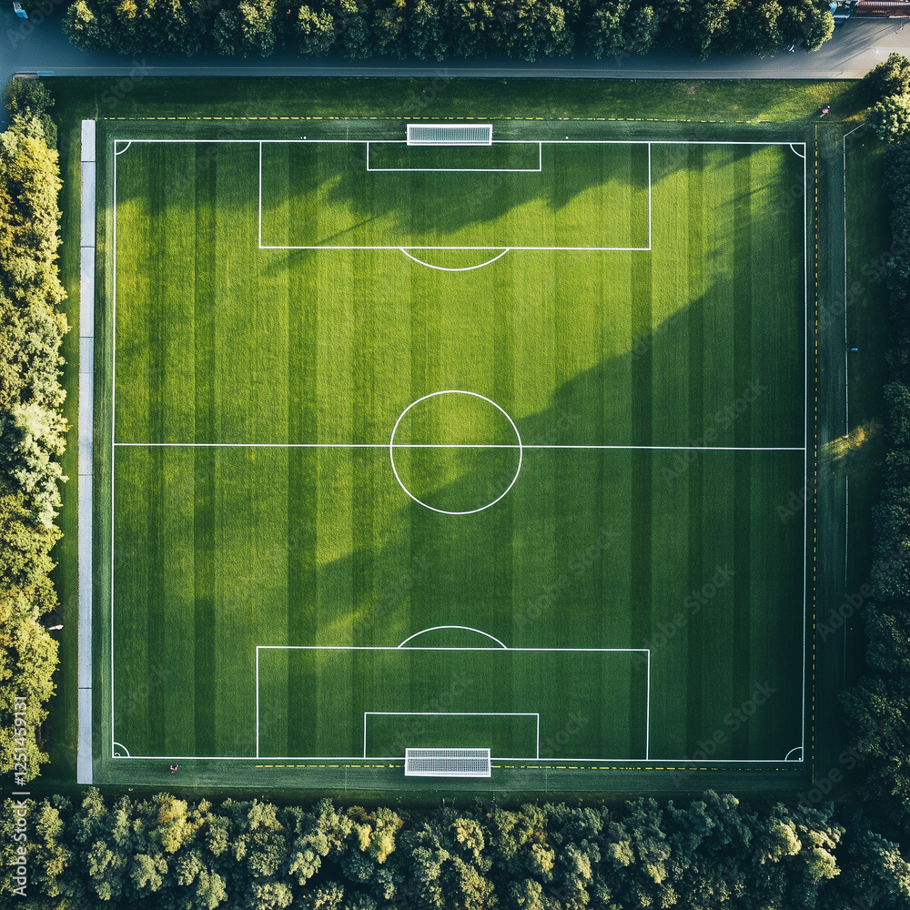 Top view of football pitch with line and gates, copy space Top view of football pitch with line and gates, copy space