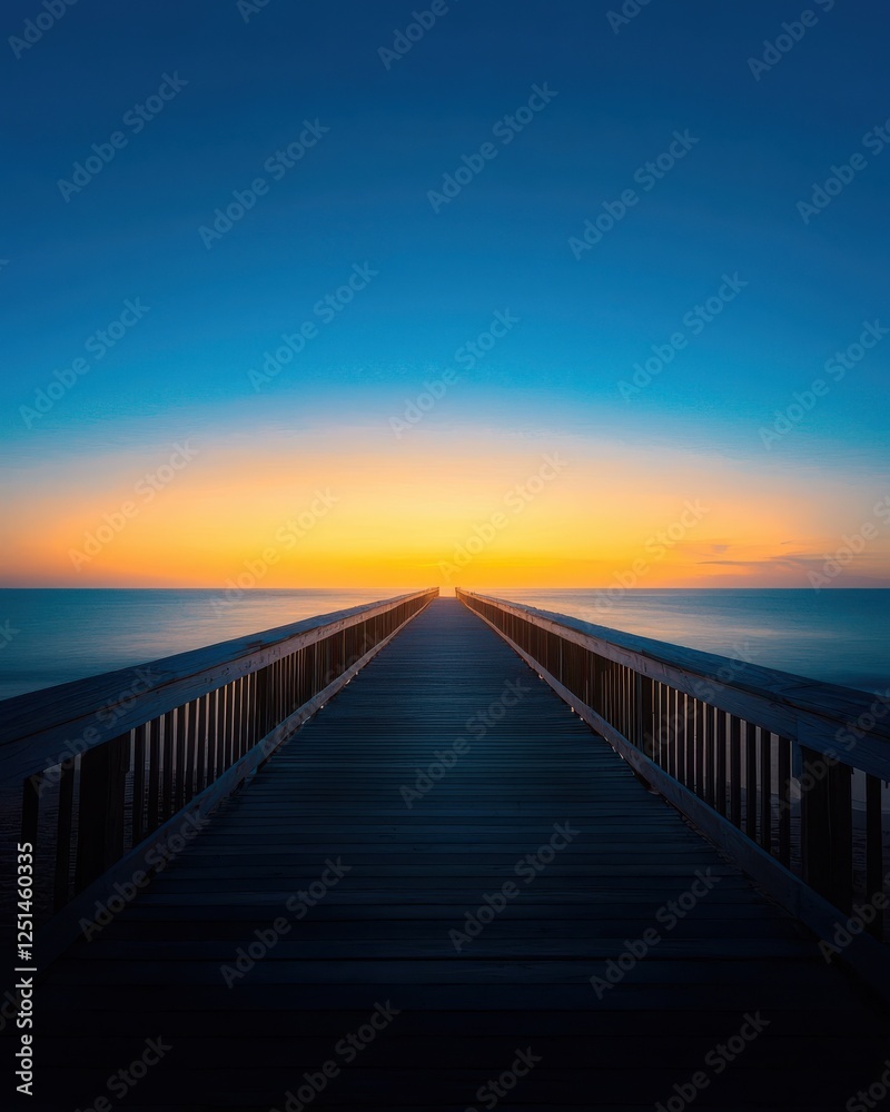 Obraz premium Serene sunset over water wooden pier landscape coastal environment wide angle view tranquil reflection