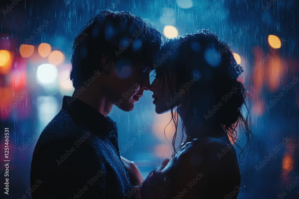Fototapeta premium Couple embracing under umbrella, kissing in rain.