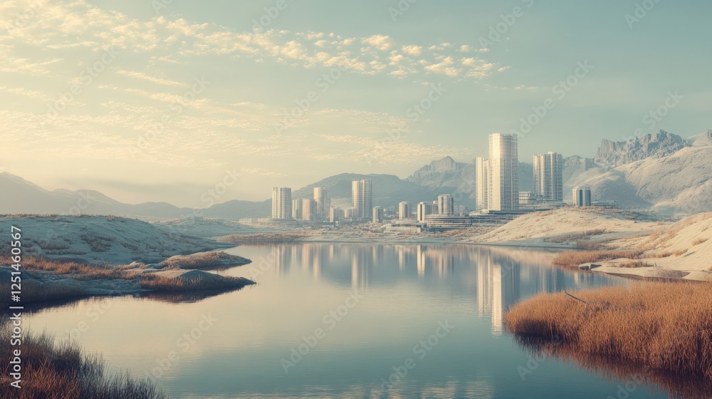Obraz premium A city with a large body of water in the background