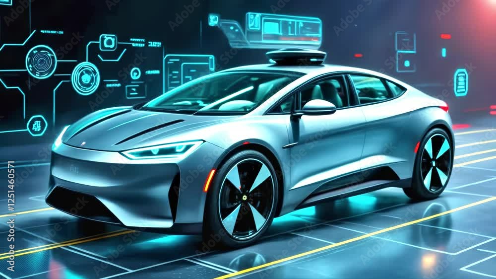 Futuristic Electric Car with Sensor and HUD. Autonomous Vehicle, Modern Technology, and Smart Transportation Animation.  Seamless  Loop 4K Video 
