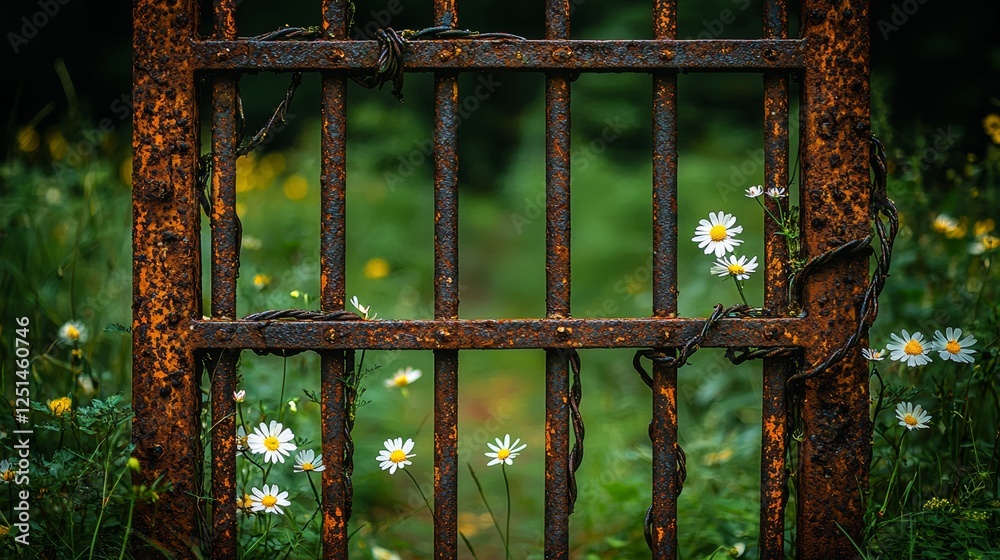Rusty Metal Gate Surrounded by Wildflowers Peaceful Meadow Nature Photography Vibrant Green Close-up View Beauty of Decay