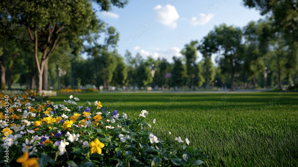 A lush green field with a bunch of flowers in the foreground A lush green field with a bunch of flowers in the foreground