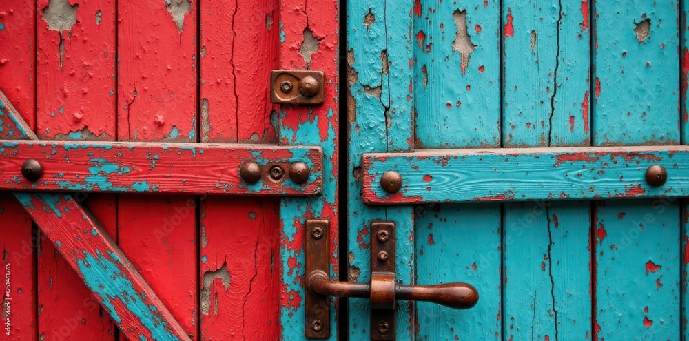 Cracked paint, faded wood, heavy barn door, hanging hinges , grain, natural, photography Cracked paint, faded wood, heavy barn door, hanging hinges , grain, natural, photography