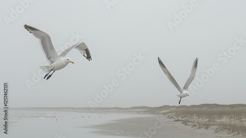 Two gulls in flight over a misty beach photo