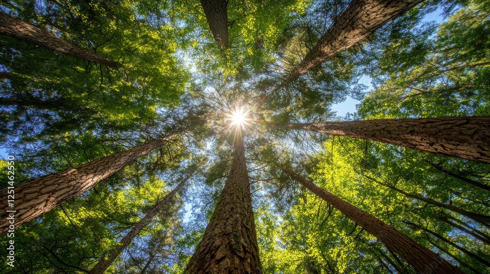 Obraz premium Large green trees in the forest and sunlight