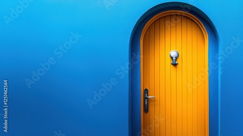 A yellow door with a silver handle sits in front of a blue wall
