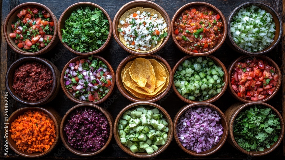 Assorted Mexican salsas and toppings displayed on a dark wood tray Assorted Mexican salsas and toppings displayed on a dark wood tray