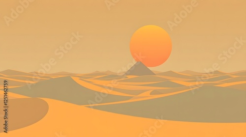 A hot air balloon silhouette drifts over the vast Sahara desert dunes at sunrise, creating a vibrant orange landscape illustration under a glowing morning sun and clouds