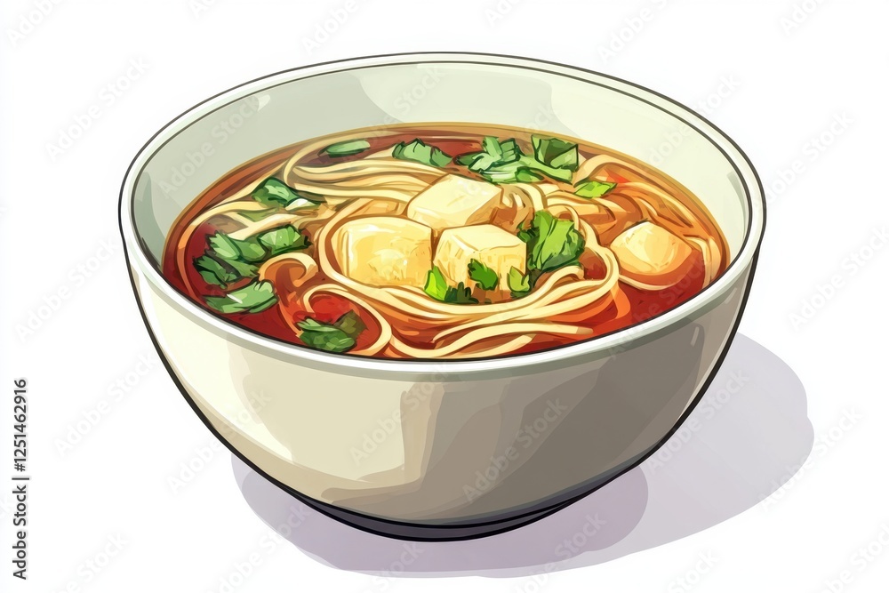 A bowl of tofu noodle soup with green garnish A bowl of tofu noodle soup with green garnish