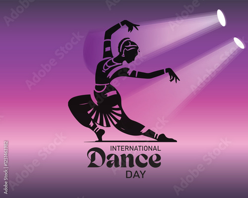 International Dance Day Vector Illustration with tango dancing couple on purple background. Design template for banner, flyer, invitation, brochure, poster or greeting card.