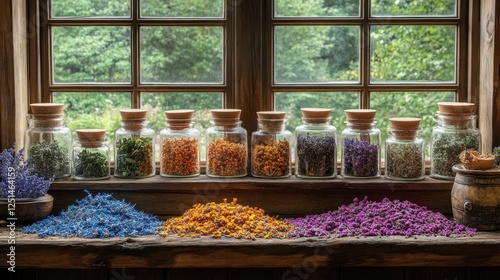 Dried herbs in jars on windowsill, garden view, rustic setting photo