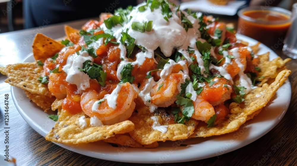 Crunchy nachos topped with succulent, grilled shrimp and a touch of seasoning, creating a deliciously bold and savory treat. Crunchy nachos topped with succulent, grilled shrimp and a touch of seasoning, creating a deliciously bold and savory treat.