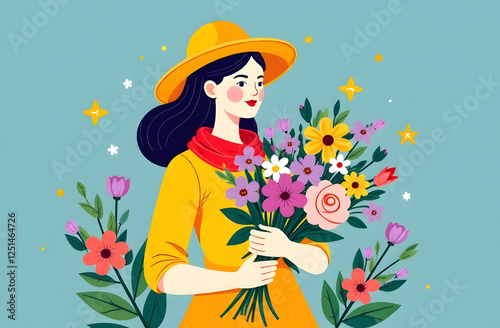 Woman, girl in a yellow hat on blue background holds flowers in here hand, modern book style illustration, good for card, presentation, nice picture 