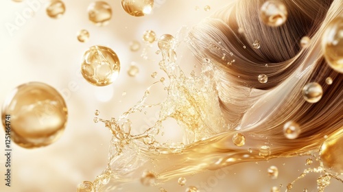3d hair care render macro background. Scalp with follicle and oil vitamin serum or shampoo, liquid transparent drop with gold bubbles. Cosmetic banner, treatment and repair concept. 3D Illustration