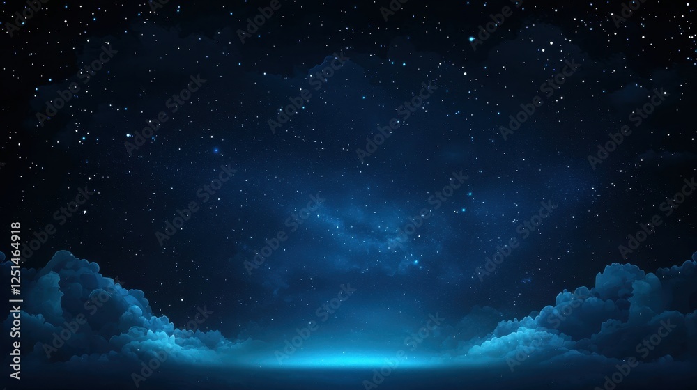 Fototapeta premium Starry Night Sky with Blue Clouds and Glowing Horizon at Dusk