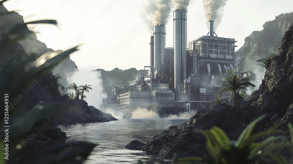 A futuristic industrial plant is spewing smoke into the air