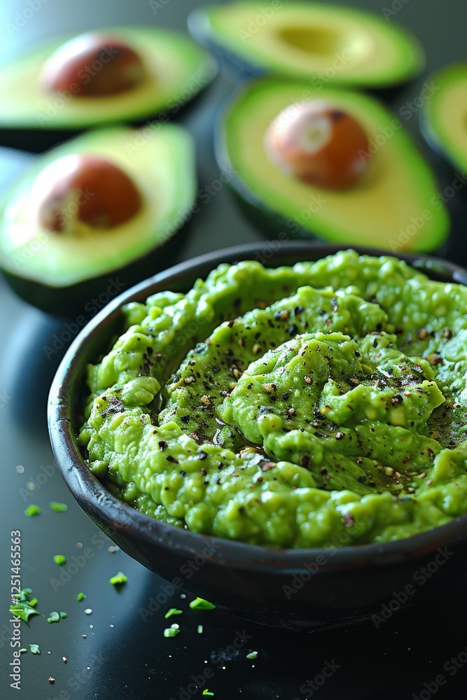 Obraz premium Sliced Avocado next to a dark bowl of Guacamole, placed on glossy white surface. 