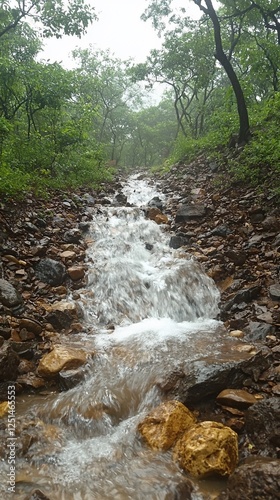 Mountain stream flowing through forest in light rain. Possible use Nature scene, travel, hiking photo