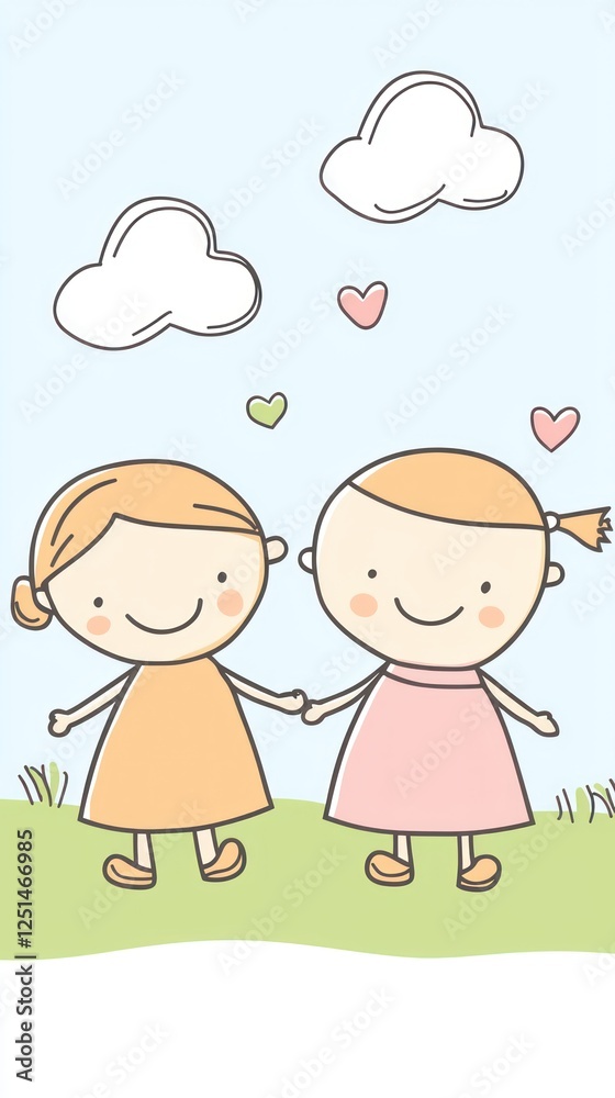 Cartoon girls holding hands, meadow, clouds, children's illustration, background Cartoon girls holding hands, meadow, clouds, children's illustration, background