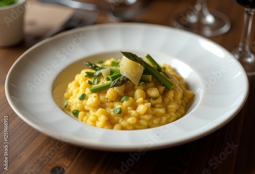 Golden pasta tossed with asparagus and topped with shaved parmesan cheese served in a decorative white bowl making it a visually appealing and tasty dish photo