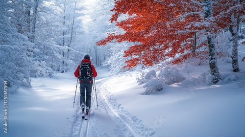 Winter Cross-country Skiing Through Snowy Forest Path photo