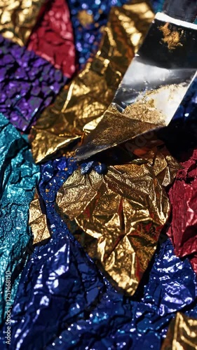 A close-up of crushed, colorful makeup powders in shades of blue, red, pink, and gold.