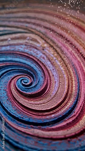 A close-up of crushed, colorful makeup powders in shades of blue, red, pink, and gold.