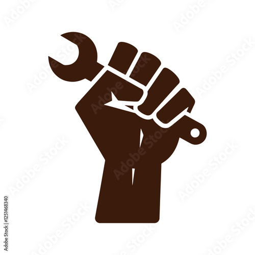 Labor Day logo, raised fist holding wrench, blue silhouette, white background, minimalist design