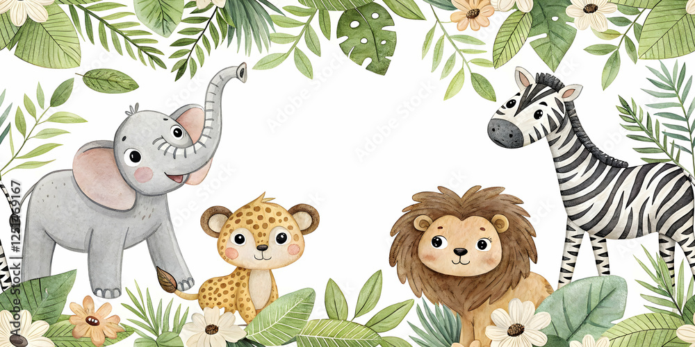 Naklejka premium Seamless Pattern Jungle Friends: Adorable watercolor illustration of African safari animals, including an elephant, lion, leopard cub, and zebra.
