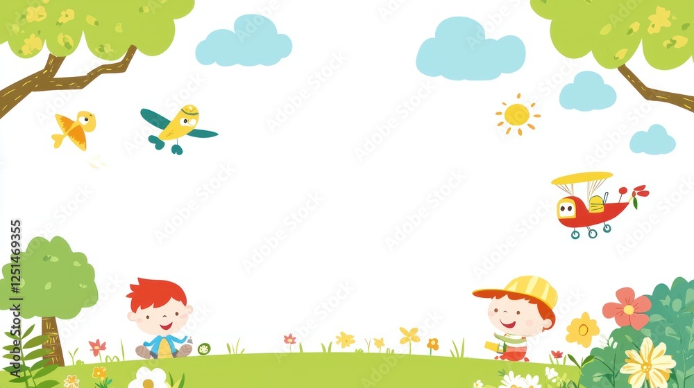 Naklejka premium Children playing outdoors, cartoon style, sunny day, background scenery