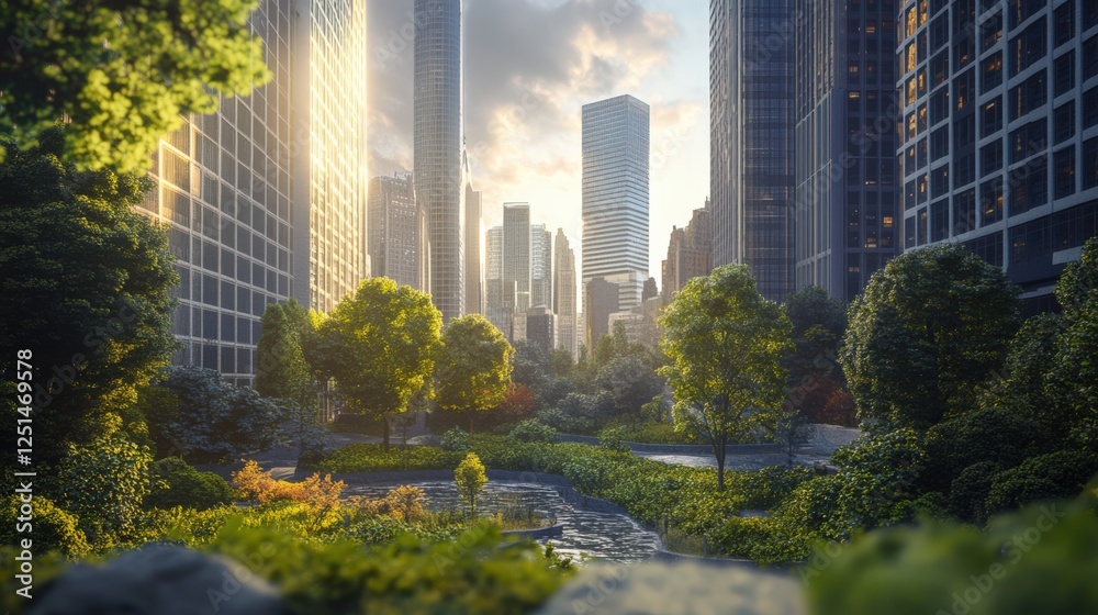 Fototapeta premium A city with a river running through it and trees on both sides