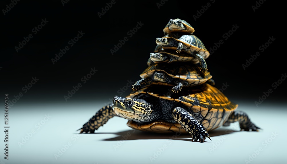Fototapeta premium Tower of Turtles Baby Turtles Stacked on Top of Mother Turtle
