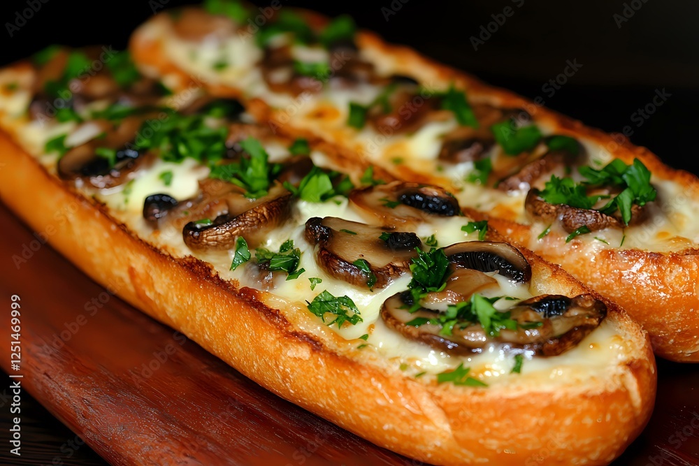 Fresh baked garlic bread topped with melted mozzarella cheese, sauteed mushrooms and chopped parsley on wooden cutting board, close up view of appetizer. Fresh baked garlic bread topped with melted mozzarella cheese, sauteed mushrooms and chopped parsley on wooden cutting board, close up view of appetizer.