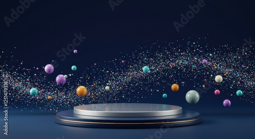 Floating Dream: A minimalist podium with two tiers stands alone on a rich blue background, surrounded by a cascade of colorful orbs and shimmering glitter. photo