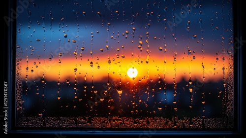 Close up of raindrops on window with sunset view, creating serene atmosphere