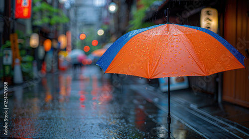 Wallpaper Mural Close up of orange and blue umbrella in rain on city street, evoking cozy atmosphere Torontodigital.ca
