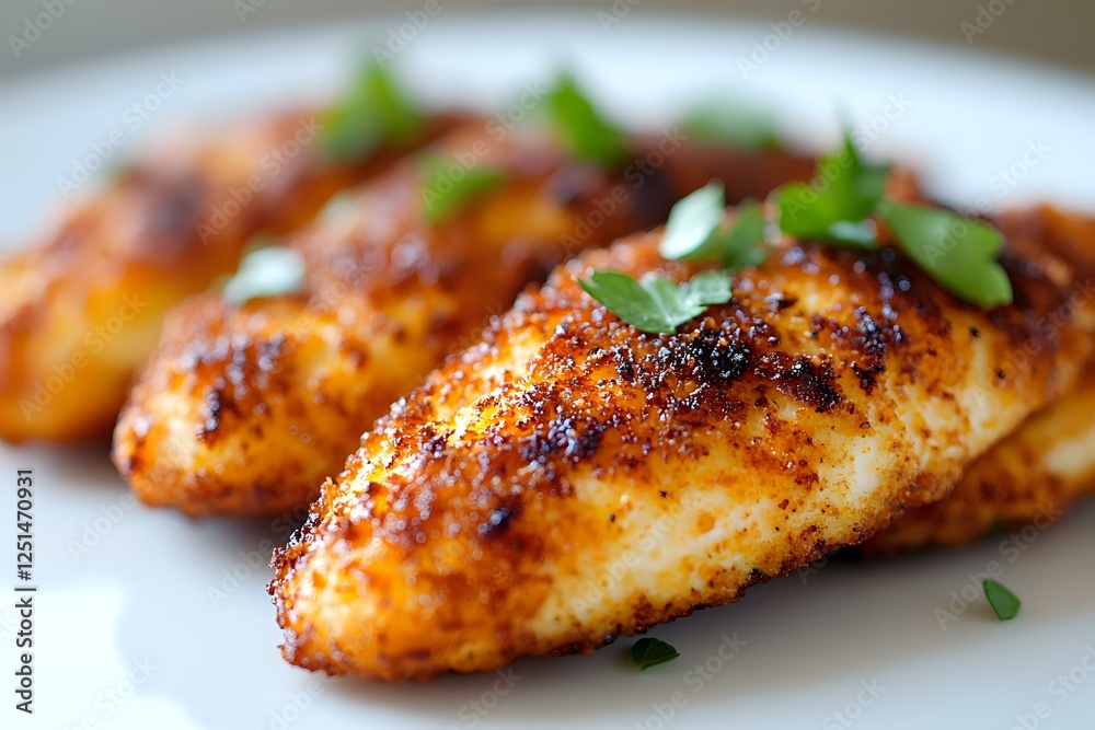 Grilled chicken breast with spicy seasoning and fresh herbs on white plate, shallow depth of field focus on golden-brown crispy surface and garnish. Grilled chicken breast with spicy seasoning and fresh herbs on white plate, shallow depth of field focus on golden-brown crispy surface and garnish.