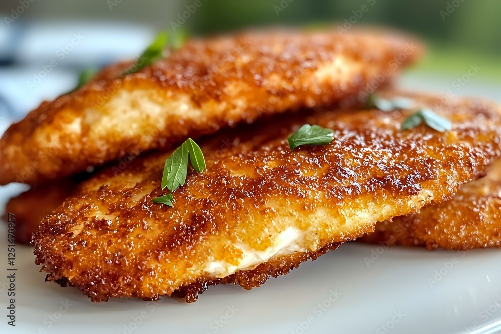 Crispy breaded chicken cutlets with golden-brown crust garnished with fresh herbs, close-up view showing juicy meat and crunchy coating texture on white plate. Crispy breaded chicken cutlets with golden-brown crust garnished with fresh herbs, close-up view showing juicy meat and crunchy coating texture on white plate.