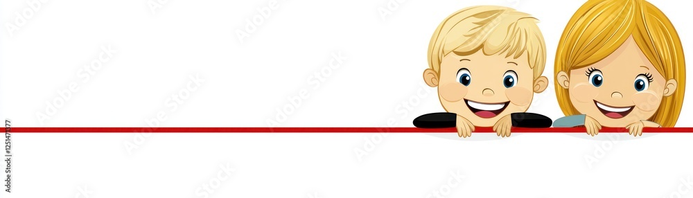 Kids peeking from behind banner. Children smiling. Blank space. Use Education, children's book Kids peeking from behind banner. Children smiling. Blank space. Use Education, children's book