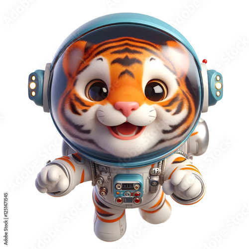 Cute and happy 3d tiger astronaut isolated on white background, digital art