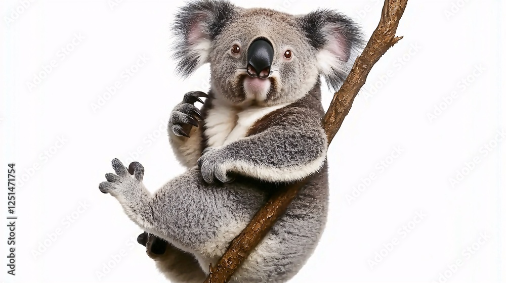 Naklejka premium koala hanging from a branch, isolated on a white background, highlighting its posture and facial expression. koala.isolate on white background.Illustrations 