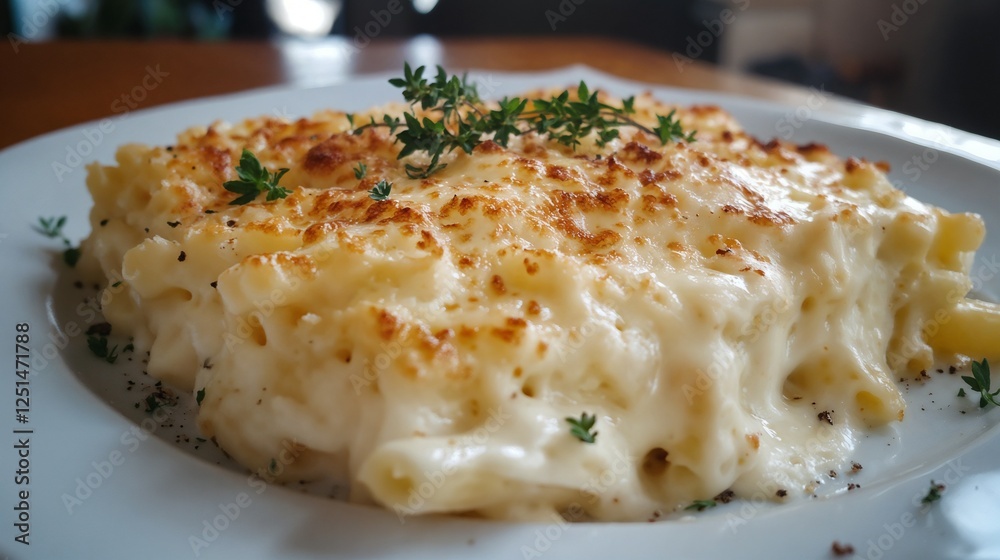 Baked mac and cheese with crispy golden top and fresh thyme garnish Baked mac and cheese with crispy golden top and fresh thyme garnish