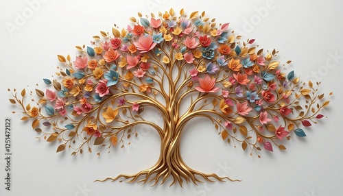 Elegant Golden Floral Stem Tree and Gracefully Curve Branches with on Colorful Flowers and Leaves on a Grey Background. Ideal for decorative purposes, 3d wallpaper for interior walls.