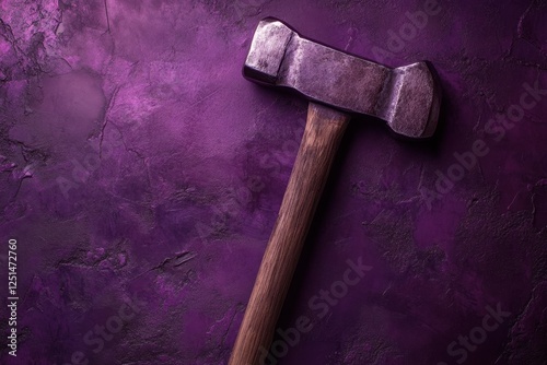 Heavy hammer rests diagonally against a textured purple surface photo