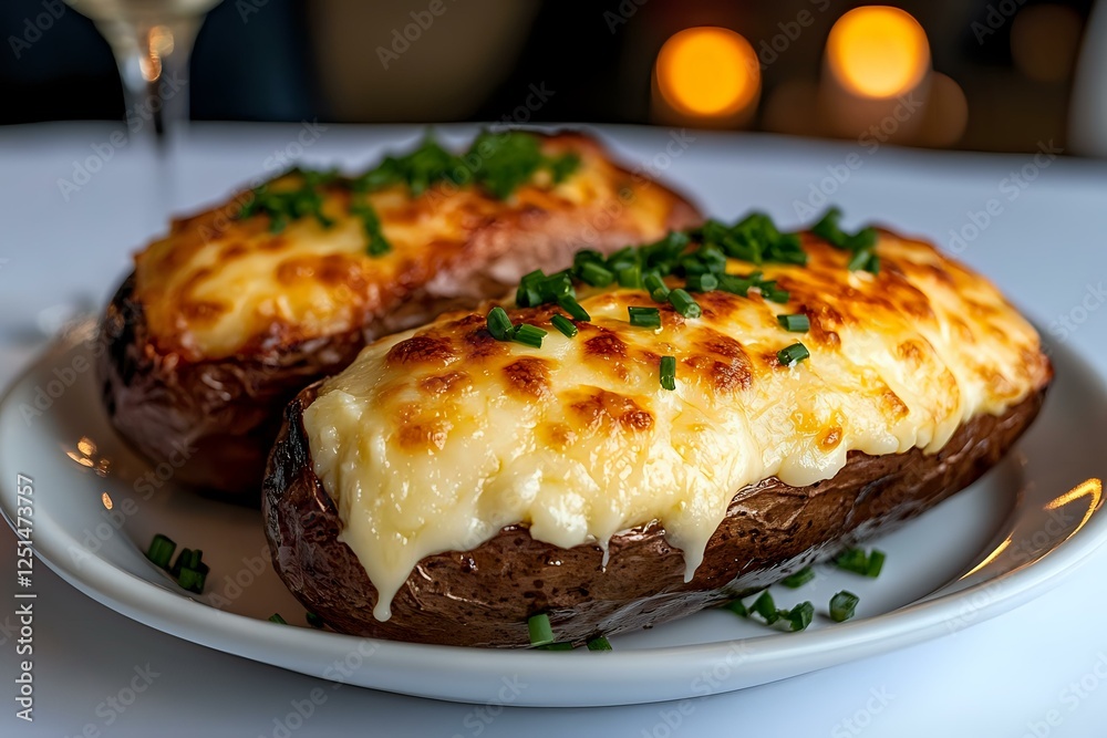 Twice baked potatoes topped with melted cheese and fresh chives on white plate, close up view with soft bokeh background lights creating cozy restaurant atmosphere. Twice baked potatoes topped with melted cheese and fresh chives on white plate, close up view with soft bokeh background lights creating cozy restaurant atmosphere.