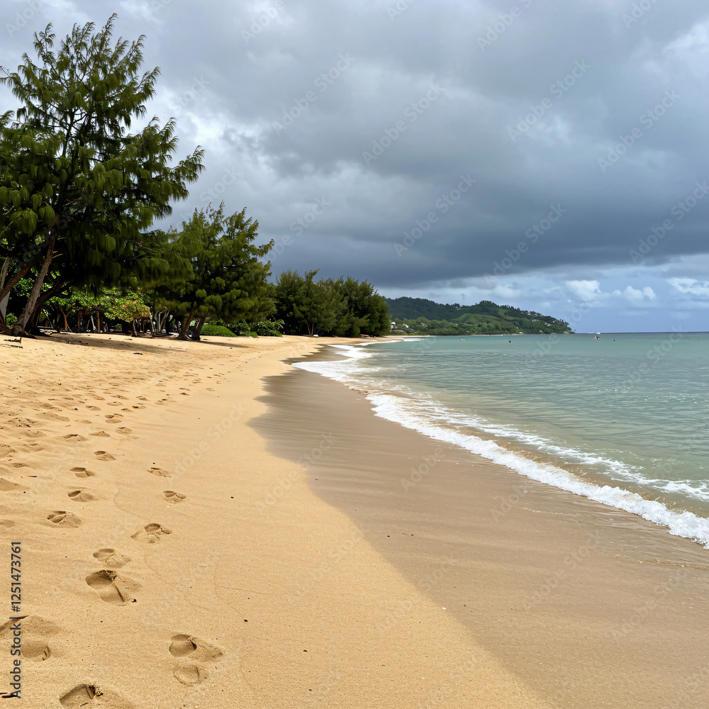 Walking on Sandy Beach with Waves and Trees under Cloudy Sky Walking on Sandy Beach with Waves and Trees under Cloudy Sky