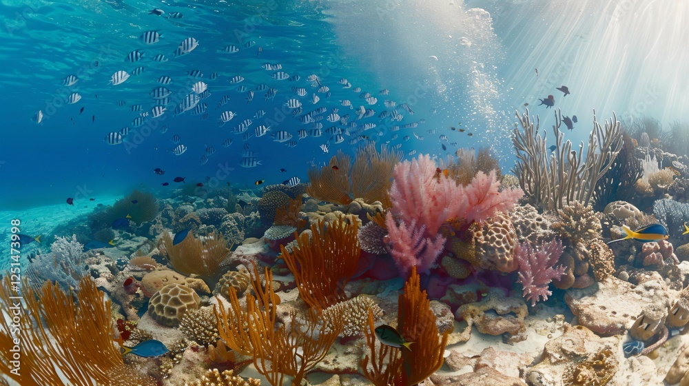 Naklejka premium Vibrant Coral Reef Teeming with Colorful Fish and Marine Life, the Beauty of Aquatic Ecosystems and the Importance of Ocean Conservation, Saltwater Aquariums, Tanks, Kits, Nanos, Reeftanks Concept