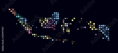 Indonesia, shape of the country build of colored cells. Digital style map of the Indonesia on dark background. Small size rounded square blocks. Abstract vector illustration.