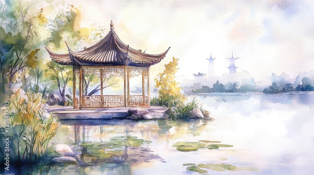 Obraz premium A serene scene of a pond with a pavilion and a bridge